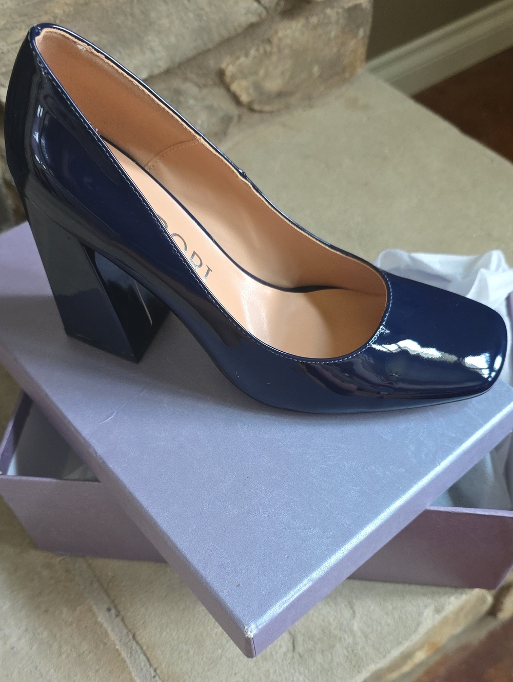 Classic Navy Patent Block Heel Pumps - Women